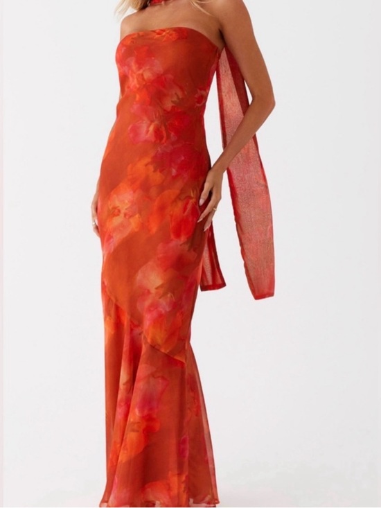 Peppermayo Dresses & Skirts - Strapless Orange-Red Floral Evening Gown
